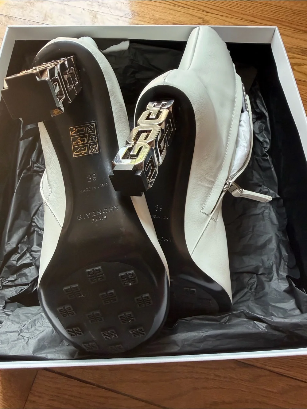 Givenchy White Leather Chain-Link Block Heel Booties